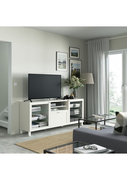 Tv Sehpası, Beyaz-Şeffaf Cam, 180X42X74 Cm, Hanvıken/sındvık, Çıt Çıt Raylı modelleri