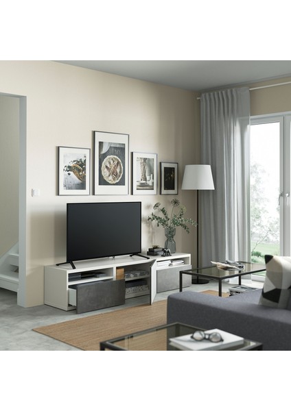Tv Sehpası, Beyaz-Koyu Gri, 180X42X39 Cm, Kallvıken, Fren Raylı fiyatları