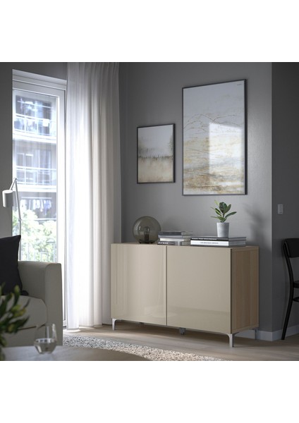 Dolap Kombinasyonu, Ağartılmış Meşe Görünümlü-Parlak Cila-Bej, 120X40X74 Cm, Selsvıken