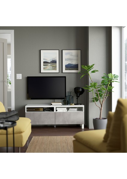 Tv Sehpası, Beyaz-Açık Gri, 120X42X48 Cm, Kallvıken, Çıt Çıt Raylı modelleri
