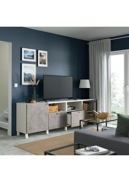 Tv Sehpası, Beyaz-Açık Gri, 240X42X74 Cm, Kallvıken, Çıt Çıt Raylı modelleri