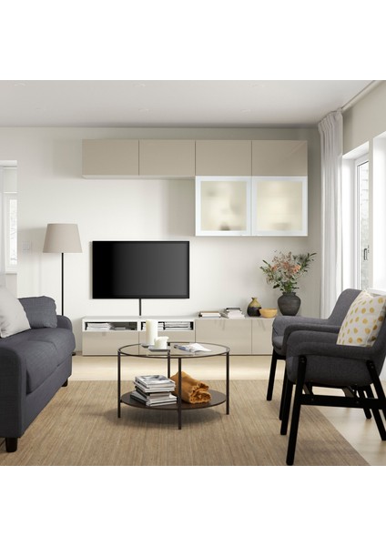 Tv Ünitesi, Beyaz-Parlak Cila-Bej, 240X42X231 Cm, Selsvıken/glassvık, Çıt Çıt Raylı indirimleri