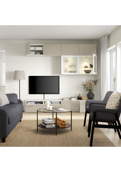 Tv Ünitesi, Beyaz-Parlak Cila-Bej, 240X42X231 Cm, Selsvıken/glassvık, Çıt Çıt Raylı