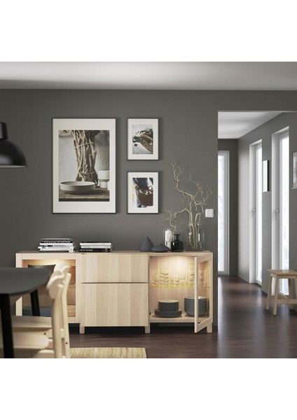 Dolap Kombinasyonu, Ağartılmış Meşe Görünümlü-Beyaz Meşe Görünümlü-Şeffaf Cam, 180X42X74 Cm, Lappvıken/sındvık, Fren Raylı