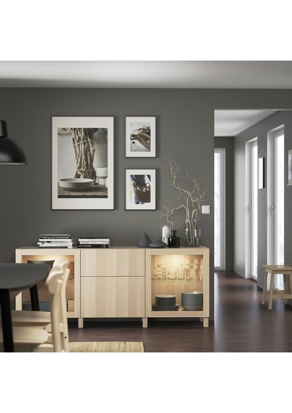 Dolap Kombinasyonu, Ağartılmış Meşe Görünümlü-Beyaz Meşe Görünümlü-Şeffaf Cam, 180X42X74 Cm, Lappvıken/sındvık, Fren Raylı
