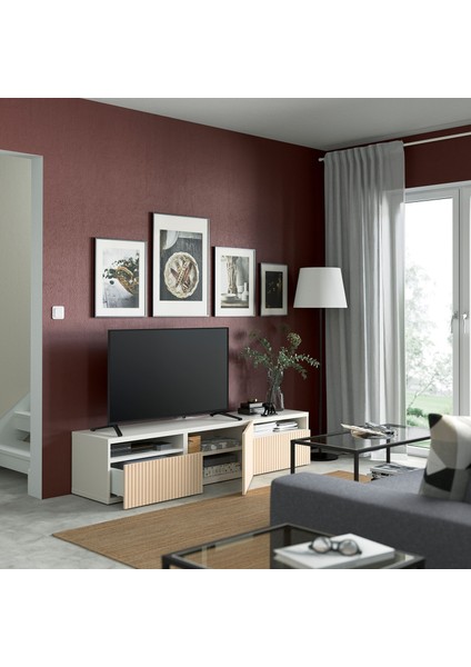 Tv Sehpası, Beyaz-Huş Kaplama, 180X42X39 Cm, Bjorkovıken, Çıt Çıt Raylı