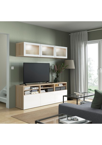 Tv Ünitesi, Ağartılmış Meşe Görünümlü-Parlak Cila-Beyaz, 180X42X192 Cm, Selsvıken/glassvık, Çıt Çıt Raylı indirimleri