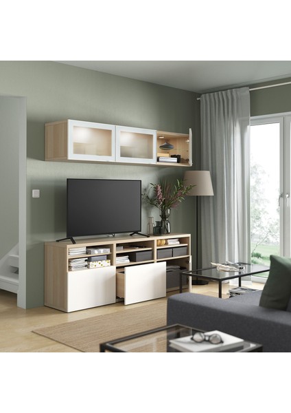 Tv Ünitesi, Ağartılmış Meşe Görünümlü-Parlak Cila-Beyaz, 180X42X192 Cm, Selsvıken/glassvık, Çıt Çıt Raylı