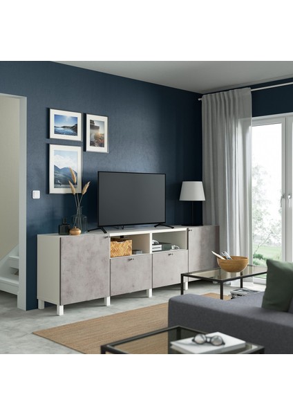 Tv Sehpası, Beyaz-Açık Gri, 240X42X74 Cm, Kallvıken, Fren Raylı modelleri