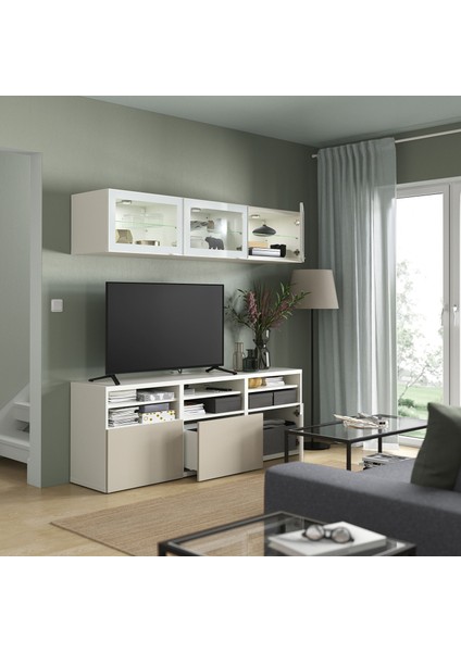 Tv Ünitesi, Beyaz-Parlak Cila-Bej, 180X42X192 Cm, Selsvıken/glassvık, Çıt Çıt Raylı indirimleri