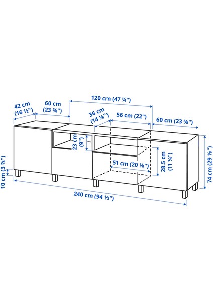Tv Sehpası, Beyaz-Bej, 240X42X74 Cm, Hammarsmed, Stubbarp, Fren Raylı