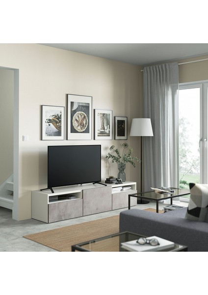 Tv Sehpası, Beyaz-Açık Gri, 180X42X39 Cm, Kallvıken, Çıt Çıt Raylı modelleri
