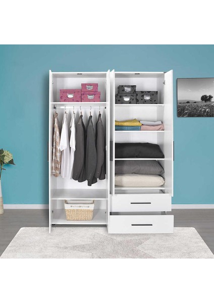 Adore White 4 Kapaklı 2 Çekmeceli Gardırop-Mat Beyaz