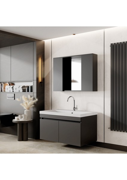 Karen Banyo Arya Aynalı 80 cm Takım Banyo Dolabı Antrasit