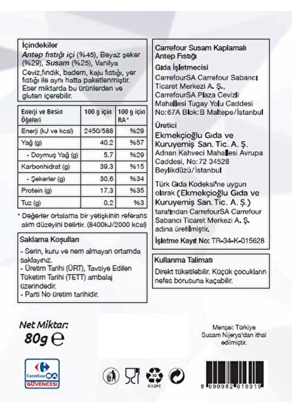 Susam Kap. Iç Antep Fıstık 80 G