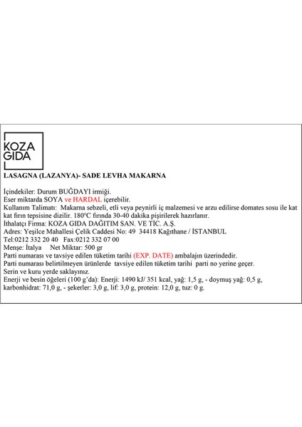 Lazanya 500 Gr fiyatları