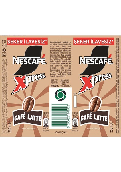 Xpress Cafe Latte Şeker Ilavesiz 250 M