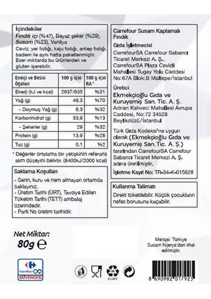 Susam Kaplamalı Fındık 80 G