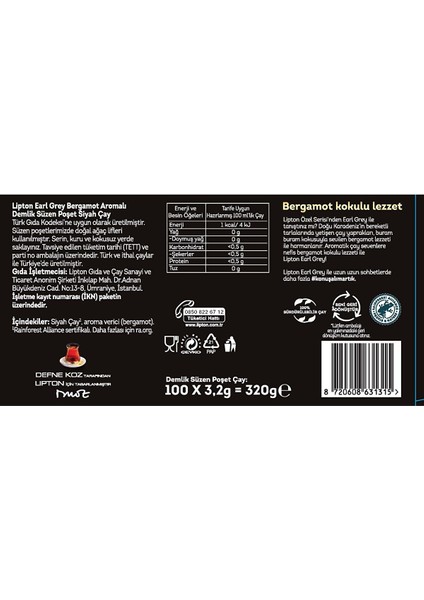 Earl Grey Demlik Süzen Poşet Bergamot Aramolı Siyah Çay 100'LÜ