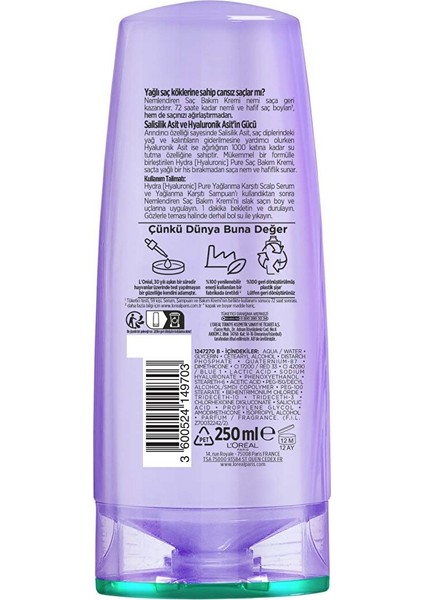 L'oréal Paris Elseve Hydra Hyaluronic Pure Salisilik Asit Içeren Yağlanma Karşıtı Nemlendirici Saç Kremi 250 ml fiyatları