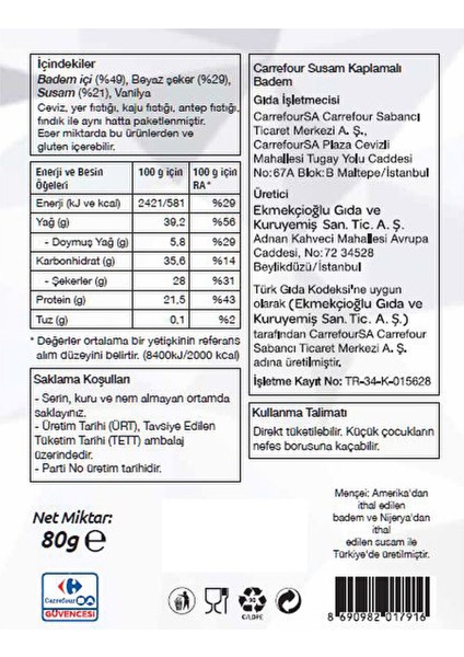 Susam Kaplamalı Badem 80 G