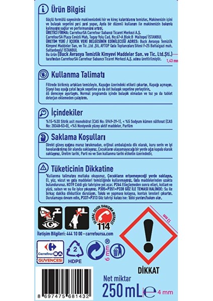 Bulaşık Makinesi Temizleyicisi 250 ml