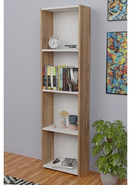 5 Raflı Kitaplık Seti Arkalıklı Dar Raf Kütüphane 170 cm - Atlantik Çam - Beyaz