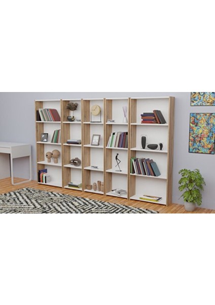 5 Raflı Kitaplık Seti Arkalıklı 3 Dar 2 Geniş Raf Kütüphane 170 cm - Atlantik Çam - Beyaz