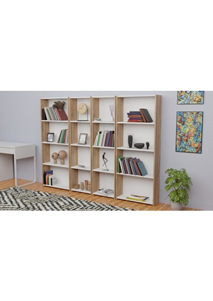 5 Raflı Kitaplık Seti Arkalıklı 2 Dar 2 Geniş Raf Kütüphane 170 cm - Atlantik Çam - Beyaz