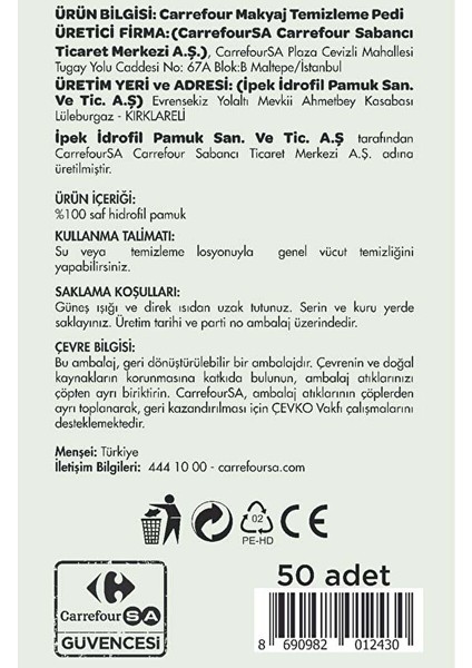 Kare Makyaj Temizleme Pamuğu 50'li