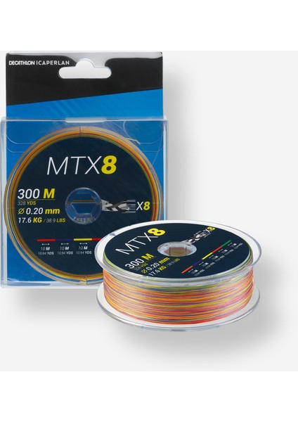Deniz Balıkçılığı 8 Bükümlü Örgü Misina - 300 M - 20/100 - Çok Renkli - Mtx8