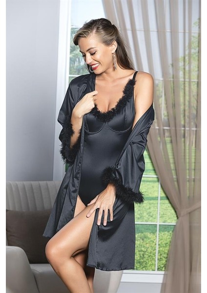 Kuşaklı Mini Boy Saten Sabahlık Siyah (BRF11500)