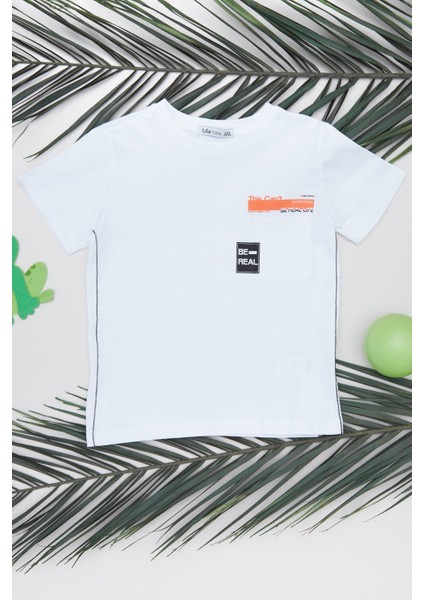 %100 Pamuk Yazı Baskılı Cepli Erkek Çocuk Tişört