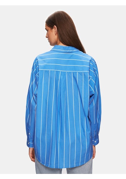 Poplin Çizgili Relaxed Uzun Kollu Mavi Gömlek