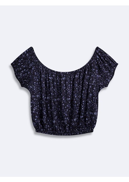 Kadın Çiçekli Crop Kısa Kollu Lacivert Bluz