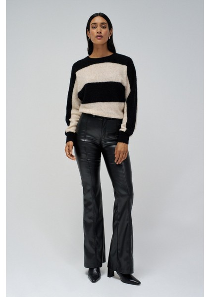 Yuvarlak Yaka Standart Çizgili Açık Bej Kazak Kadın 21008873