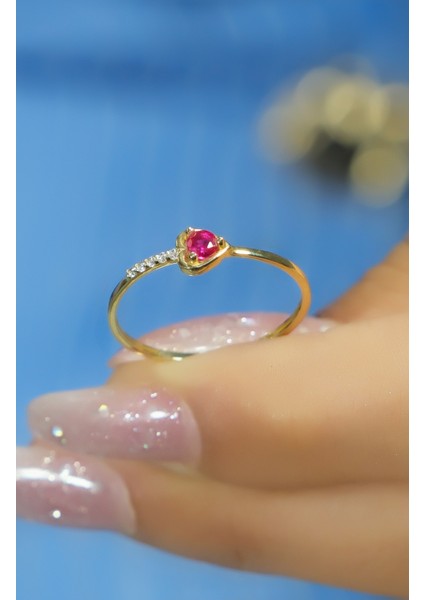 Pembe Taşlı Kalp Yüzük 14 Ayar A080542