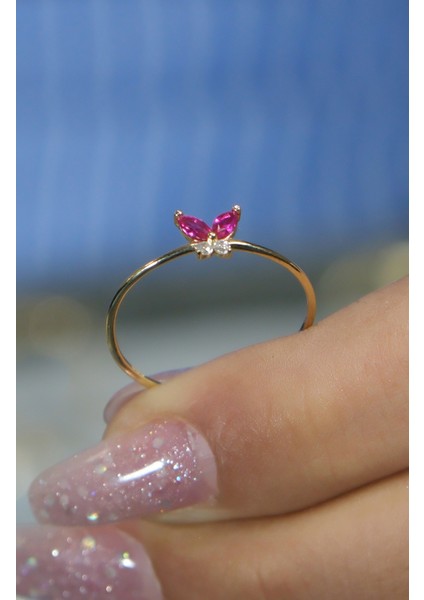 Pembe Taşlı Kelebek Yüzük 14 Ayar A080543