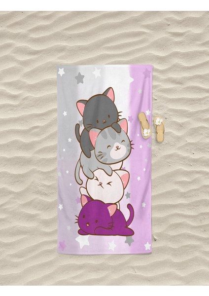 Sevimli Kedi Desenli Dijital Baskılı Plaj Banyo Havlusu Kız Çocuk Plaj Havlusu