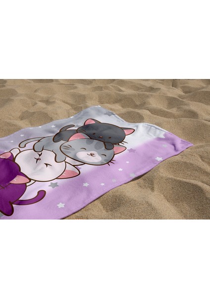 Sevimli Kedi Desenli Dijital Baskılı Plaj Banyo Havlusu Kız Çocuk Plaj Havlusu modelleri