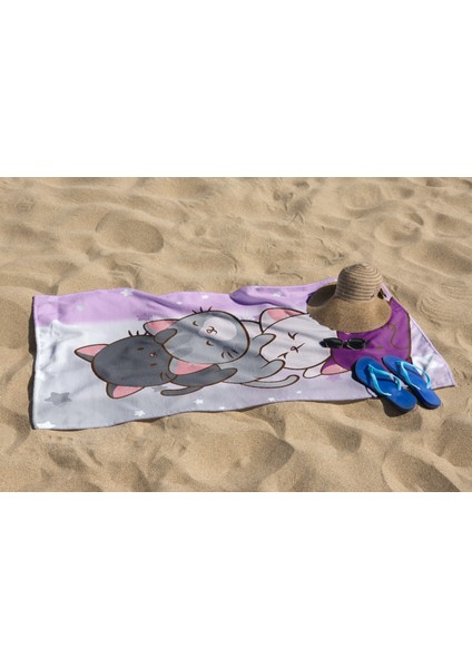 Sevimli Kedi Desenli Dijital Baskılı Plaj Banyo Havlusu Kız Çocuk Plaj Havlusu fırsatları