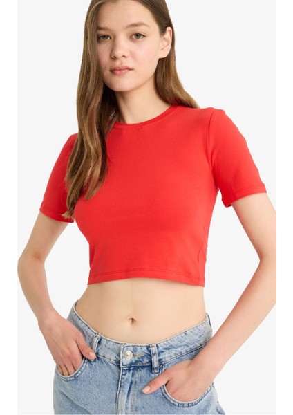 Coool Fitted Crop Basic Düz Kırmızı Kısa Kollu Tişört F8924AX25HS