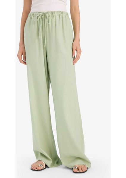 Wide Leg Çift Cepli Beli Lastikli Standart Boy Keten Karışımlı Pantolon E1981AX25SM