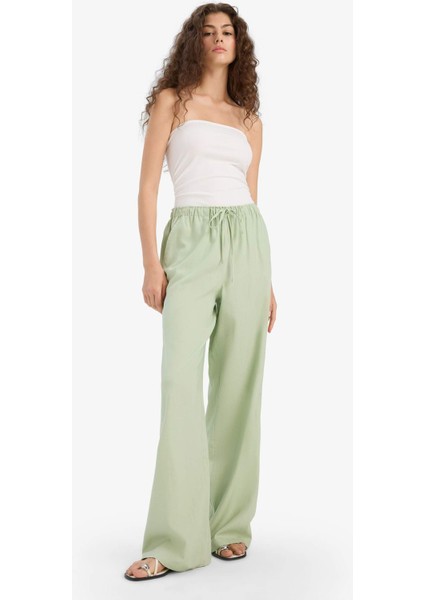 Wide Leg Çift Cepli Beli Lastikli Standart Boy Keten Karışımlı Pantolon E1981AX25SM fiyatları