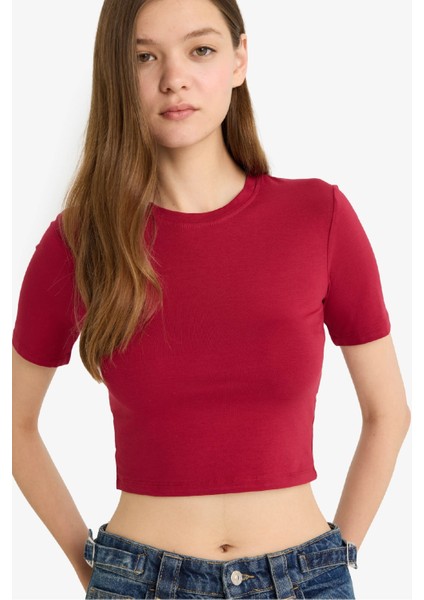Fitted Crop Basic Düz Kısa Kollu Tişört F8924AX25HS