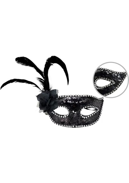 Siyah Renk Yandan Tüylü Güllü Gümüş Taşlı Pullu Maske 20X22 cm