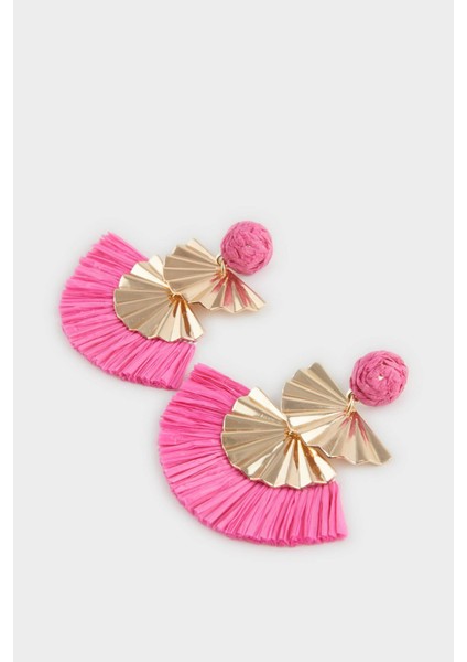 Kadın Pembe Hasır Detaylı Gold Küpe F0840AXNS