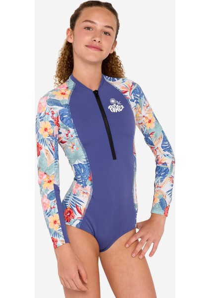 Çocuk Uzun Kollu Yüzücü Mayosu - Mavi - Çiçekli - 500 Lucy