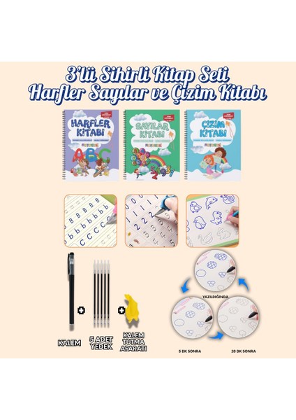 Harfleri | Sayıları ve Çizmeyi Öğreten Oluklu (Kabartmalı) 3’lü Kitap Seti | Sihirli Yazı Defterleri | Çocuk Aktive Eğitici Kitap