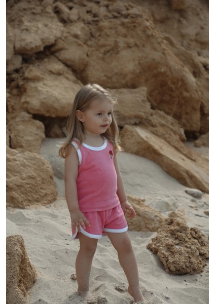 Dondurma Nakışlı Pembe Havlu Efektli Bebek,çocuk Alt Üst Takım – Yazlık %100 Pamuklu Takım